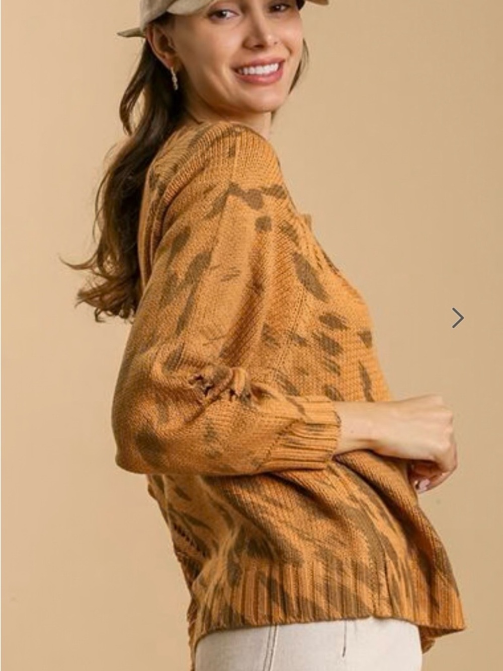 Umgee Open-Front Sweater in Camel with Darker Brown Accents